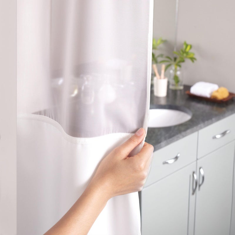 Hookless It's a Snap Satin Stripe Shower Curtain, 3-in-1 Shower Curtain Includes Fabric Shower Curtain with Sheer Top Window, Flex-On Rings & PEVA Liner, 71" x 74", Bright White - Image 3